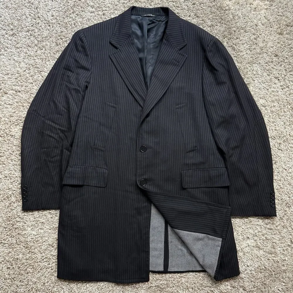Vintage Canali Made In Italy Thick Wool Black Striped Long Suit Jacket Size 54L
